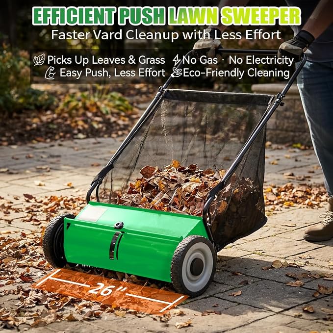PPOLB 26" Push Lawn Sweeper, 7 cu.ft Large Capacity Yard Sweeper Push, 5:1 High-Density 4 Brushes, Adjustable Height, Heavy Duty Leaf Collector with Detachable Hopper, Rubber Wheels, Ergonomic Handle