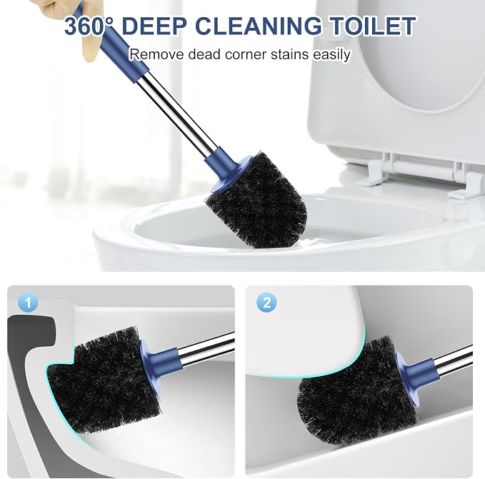 SetSail Toilet Brush and Holder, Self Closing Lid Toilet Bowl Brushes Holder and Extra Long Handle Ventilated Toilet Brush Set for Bathroom Cleaning, Nylon Bristles, Dark & Blue