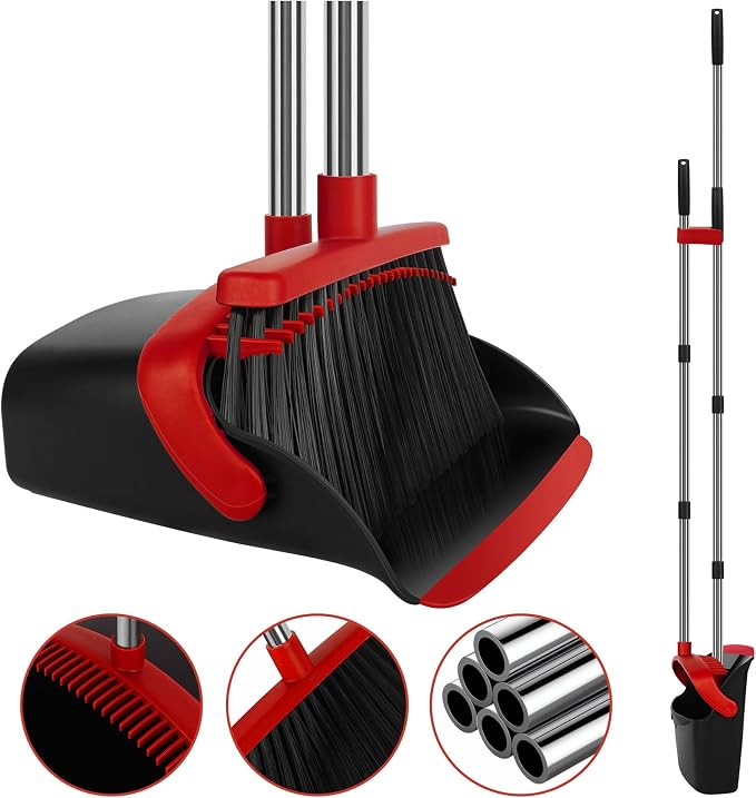 Red Broom and Dustpan Combo Set, 55" Long Handle Broom | Large Area Outdoor Cleaning, Extended Reach Design, Built-in Comb Dustpan, Foldable Storage for Garage, Patio & Home