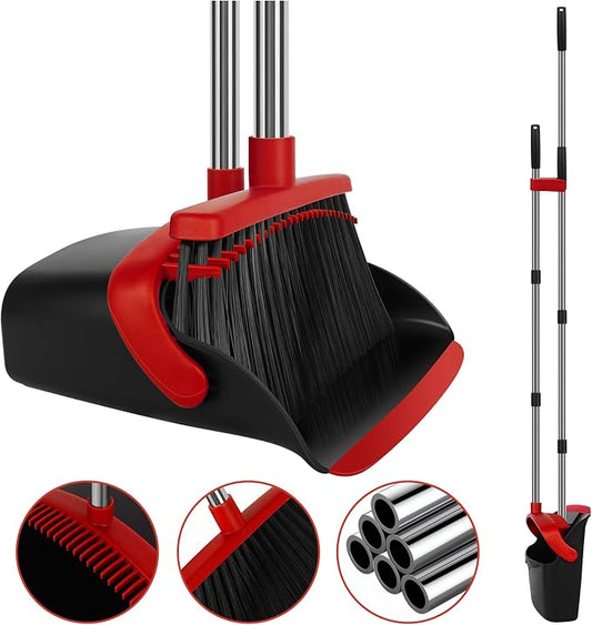 Red Broom and Dustpan Combo Set, 55" Long Handle Broom | Large Area Outdoor Cleaning, Extended Reach Design, Built-in Comb Dustpan, Foldable Storage for Garage, Patio & Home