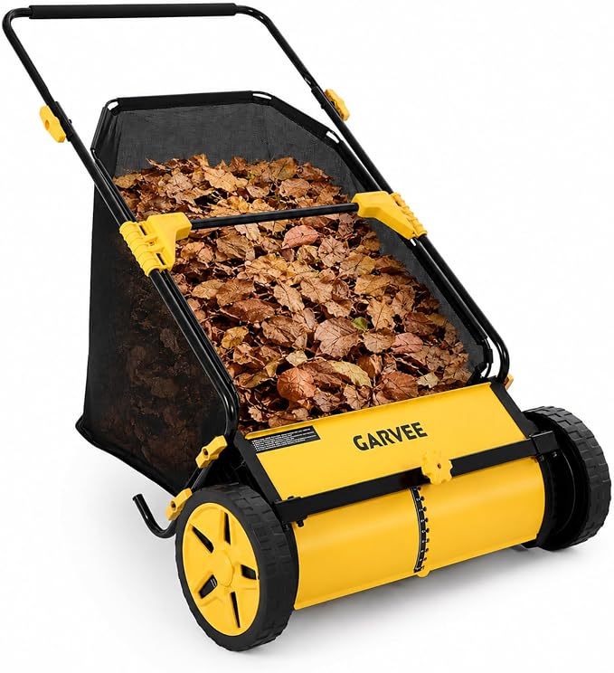 26 Inch Push Lawn Sweeper with 7 Cu. Ft. Large Mesh Collection Bag | Heavy Duty Steel Frame, 10" Rubber Wheels, 4 Spinning Brushes, Manual Height Adjustment for Leaves, Grass and Yard Debris