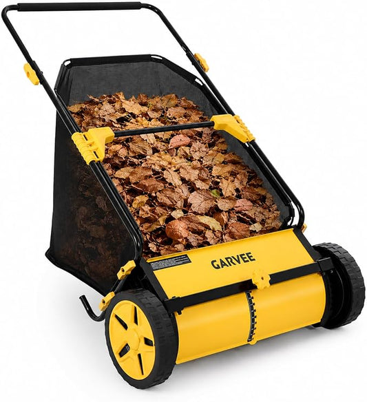 21 Inch Push Lawn Sweeper with 3.5 Cu. Ft. Large Mesh Collection Bag | Heavy Duty Steel Frame, 10" Rubber Wheels, 4 Spinning Brushes, Manual Height Adjustment for Leaves, Grass and Yard Debris
