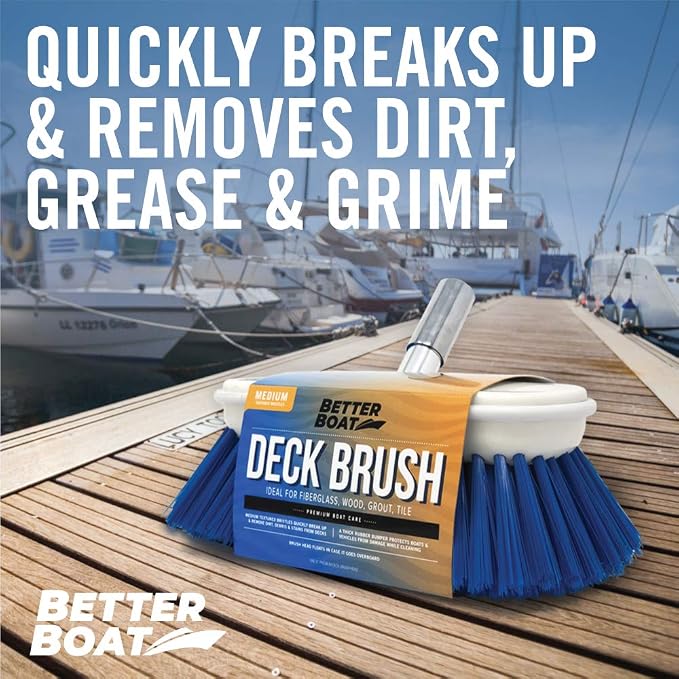 Medium Boat Deck Brush, Heavy-Duty Marine Brush Head, 8" Bristle with Bumper, 3/4" Thread Handle, for RV, Truck, and Auto Cleaning