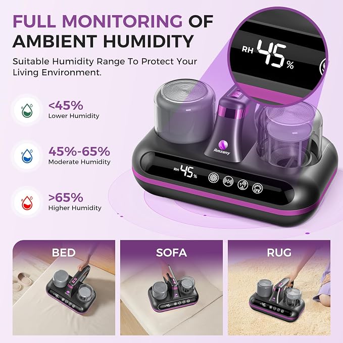 Amzany Mattress Vacuum Cleaner - 5-in-1 Cordless Bed Vacuum Cleaner, Powered by Ultrasonic Technology, 16Kpa Strong Suction,Low Noise,Suitable for Dust, Pet Hair, Etc - Gray Purple