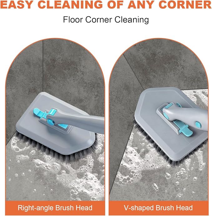 Long Handled Scrub Brush for Shower,3-in-1 Cleaning Brushes with 3 Different Function Cleaning Heads Brush for Shower Cleaning Bathroom Kitchen Walls Tub Tile (Grey)