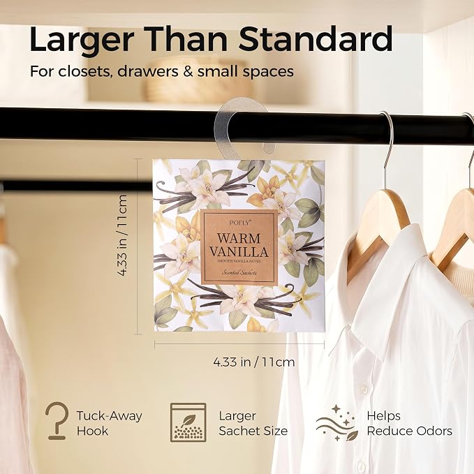12 Pack Warm Vanilla Scented Sachets, Air Freshener for Small Spaces | Hanging Sachet Bags with Retractable Hook; Closet Deodorizer & Odor Eliminator for Drawers, Shoe Cabinets, Cars & Luggage