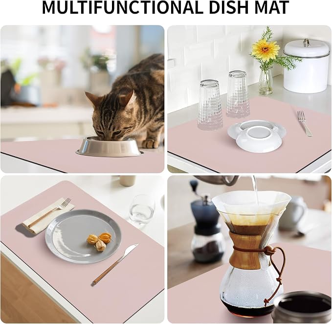 Coffee Bar Mat for Countertop, 16“ x 24” Super Absorbent Dish Drying Mat, Kitchen Counter Mat Fits Under Coffee Maker or Machine, Pink Kitchen Decor and Accessories for Dish Drying Rack