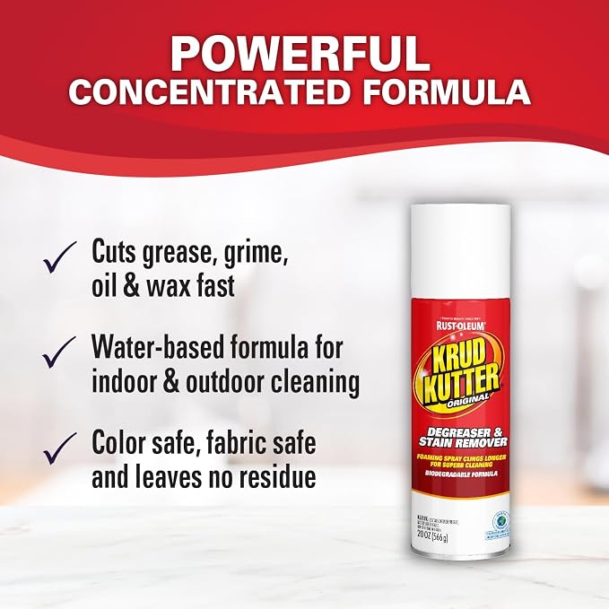 Krud Kutter Original Cleaner Degreaser Aerosol, 20 oz | Foaming spray clings longer, Cuts grease, oil, grime, tar and wax, Leaves no residue