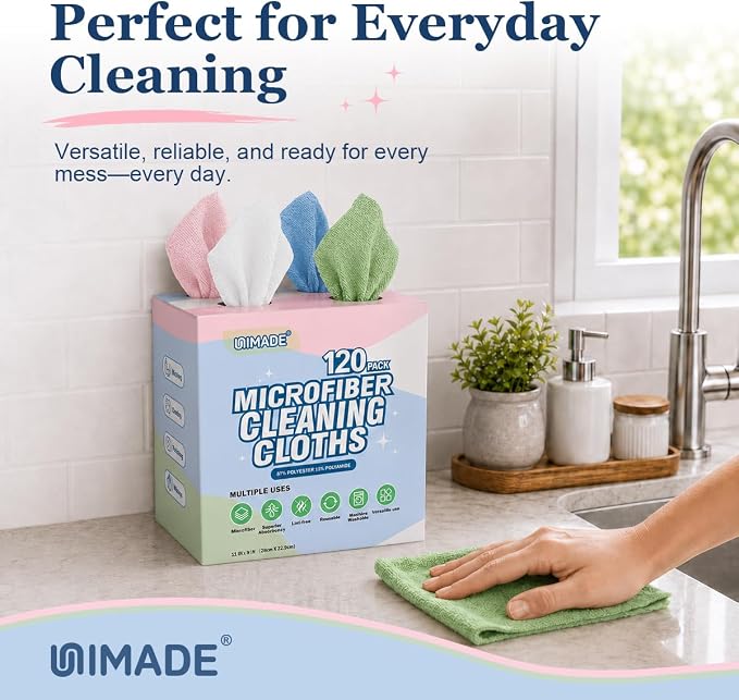 UNIMADE Microfiber Cleaning Cloth, 120 Pack Reusable Paper Towels Microfiber Towels for Cars Lint Free Shop Rags with for Home Kitchen Automotive, 11"x 9", White & Green & Blue & Pink