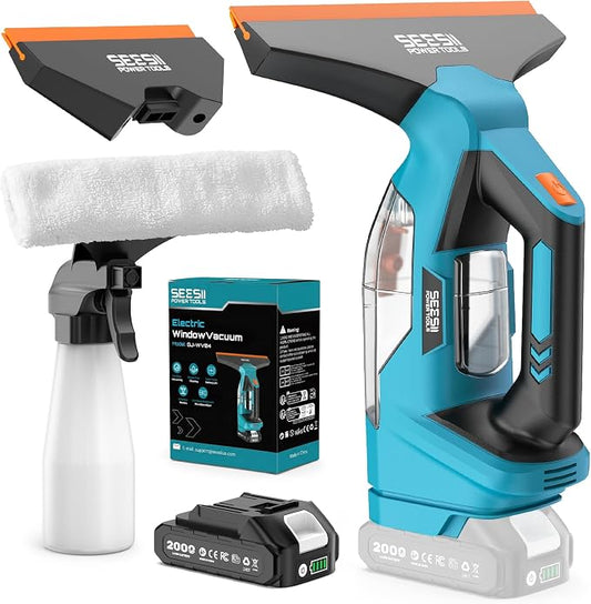 SEESII Cordless Window Vacuum Squeegee Streak-Free for Mirrors Glass Tiles | 11" and 6.7" Squeegees, 2000Pa, 60Mins, 2000mAh Battery,150ml Water Tank