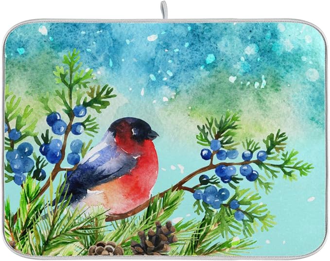 Absorbent Dish Drying Mat for Kitchen Counter - Winter Snow Blue Bird Microfiber Drying Pad, Reversible Drainer Mats for Countertop, Large 18" x 24"