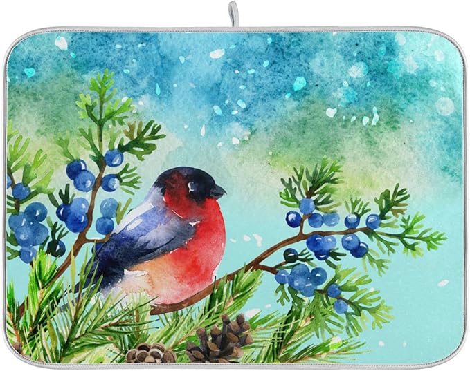 Absorbent Dish Drying Mat for Kitchen Counter - Winter Snow Blue Bird Microfiber Drying Pad, Reversible Drainer Mats for Countertop, Small 16" x 18"