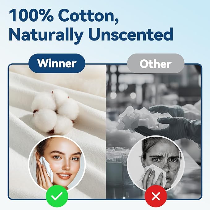 Winner Face Towels Soft Pack, 100% USDA Biobased Facial Towels, Unscented Cotton Tissues for Sensitive Skin, OEKO-TEX Certified Face Towelettes Disposable, Makeup Remover Dry Wipes, 100 Ct, 1 Pack