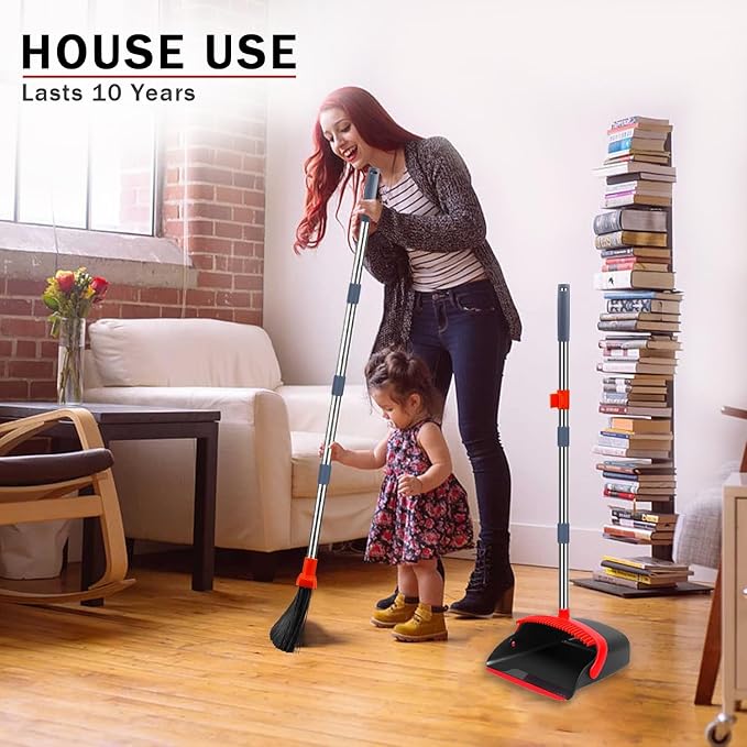 2-Pack is More economical,Brooms with Dustpan Combo Set， with 52" Long Handle, Dustpan Teeth with self-Cleaning Function, Indoor and Outdoor Sweeping, Perfect for Home Office (Large/Red /2-Pack)