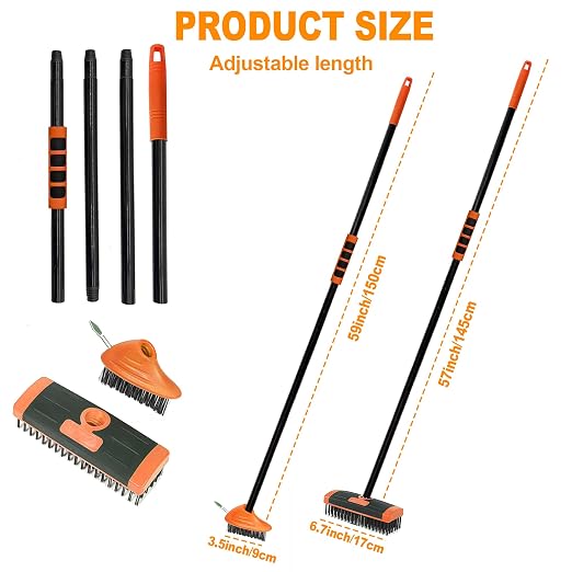 3 in 1 Scrub Brush with Long Handle – Your All-Purpose Deck Brush, Weeding Tool & Concrete Scrubber Tackle Patio Weeds, Floor Stains, Moss, and Rust with one Versatile Set. (Orange)