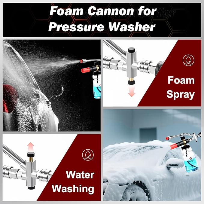 Foam Cannon for Pressure Washer, with Foam Cannon Dual Connector, Double Tip Attachment for Pressure Washer Soap Cannon, 5 Power Washer Nozzle Tips, 1/4” Quick Connect, 4000 PSI Foam Sprayer