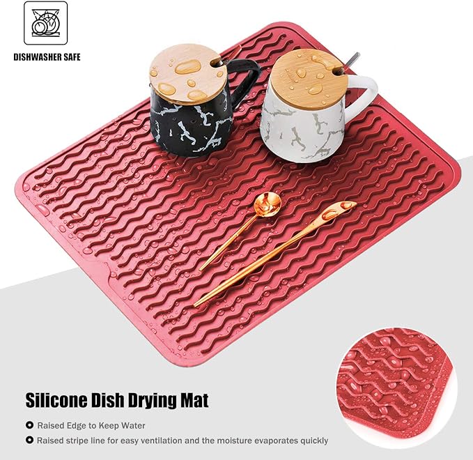 Silicone Dish Drying Mat, Non-Slip Easy Clean Sink Mat Large Heat-resistant Dish Drainer Mat for Kitchen Counter, Sink, Refrigerator or Drawer liner (16" x 12", RED)