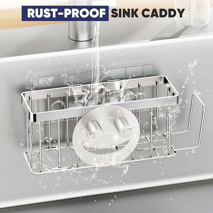MURLONG Sponge Holder for Kitchen Sink,Sink Caddy Smiley Face,4-in-1 Sponge Holder with Suction Cups & 1 PCS Adhesive Strips for Holding Soap,Brush,Scrubber,Sponge,Stopper-Silver