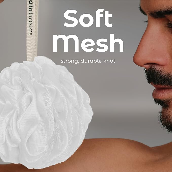 MainBasics Shower Loofah Sponge Pouf, Set of 3, Snow White | Soft Mesh Body Scrubber and Bath Sponge for Gentle Exfoliation, Rich Lather, and Everyday Shower Use