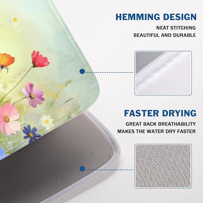 Spring Summer Daisy Dish Drying Mat 18 x 24 Inch Colourful Floral Pattern Dish Drainer Rack Mat Absorbent Microfiber Mats Holiday Dish Pad for Kitchen Coffee Dining Bar Decor
