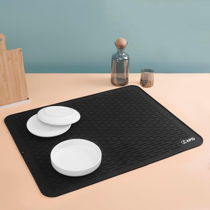 Extra Large 30 x 24 Inch Silicone Dish Drying Mat for Dish Drying Rack , Easy Clean Silicone Drying Mat for Kitchen Counter , Non-Slip Dishes Drain Mat , Heat Resistant Silicon Dish Matt, Black, SAPID