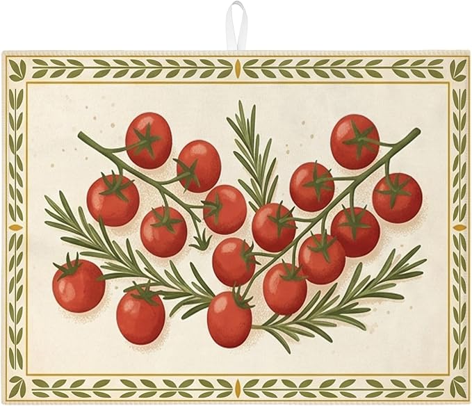 Tomatoes Herb Dish Drying Mats for Kitchen Counter, Rustic Red Tomatoes Absorbent Dish Drainer Rack Mat, Seasonal Farmhouse Microfiber Drying Pad for Kitchen Counter Decor 18x24 Inch