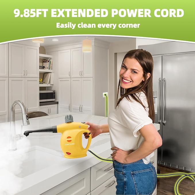 Handheld Steam Cleaner, Pressurized Multi-Surface Steam Shot with 13 Accessories, Safety Lock, Steamer for Cleaning Floor, Upholstery, Grout, Windows, Couch and Car (Yellow)