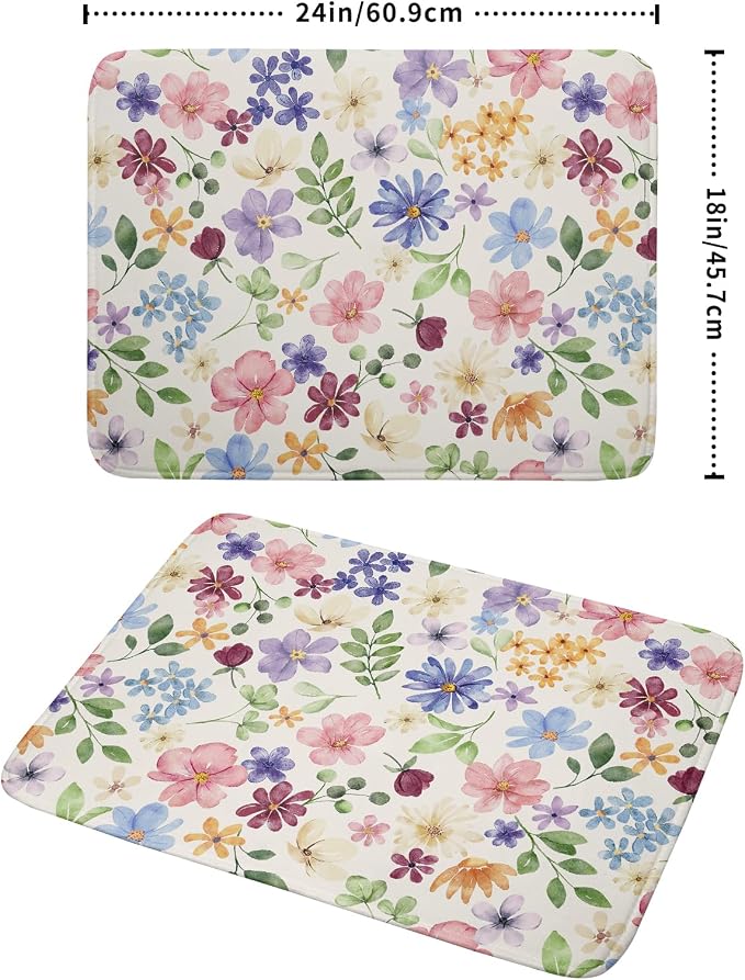 Floral Dish Drying Mat for Kitchen Counter 18x24, Spring Decorative Absorbent Reversible Microfiber Kitchen Countertop Protector Dishes Drainer Pad, Colorful Cute Flower