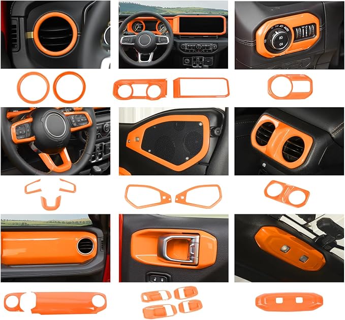 21PCS Full Set Interior Trim Kit for 2024-2026+ Jeep Wrangler JL JLU & Jeep Gladiator JT, Dashboard Side Outlet Door Handle Bowl Headlight Switch Roof Reading Light Cover (Orange)