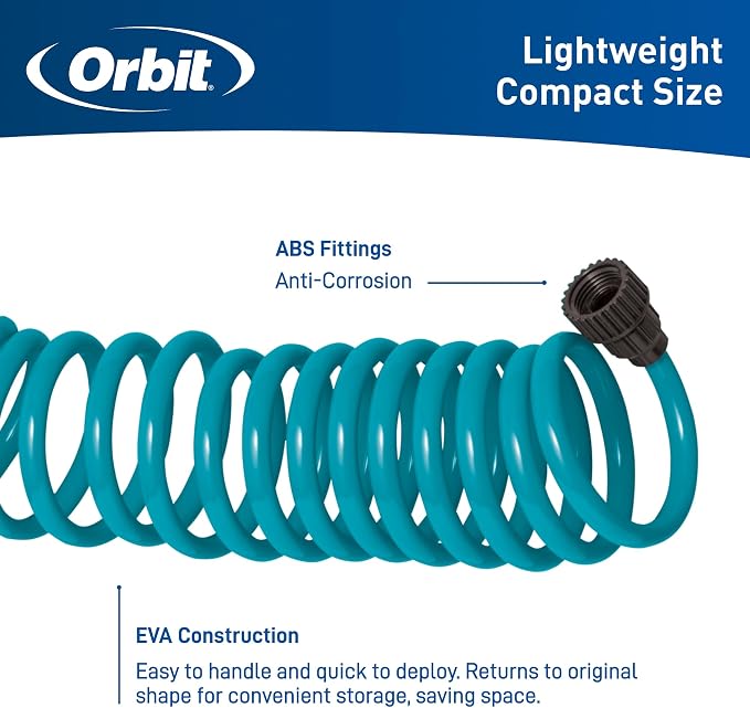 Orbit 26381 Coil Garden Hose, 25 Feet, with 8-Pattern Hose Nozzle (Blue)