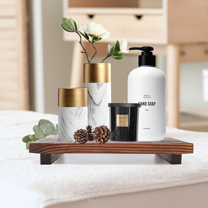 Decorative Wooden Tray for Bathroom Counter Kitchen Wood Riser Vanity Tray | Farmhouse Bathroom Sink Accessories Wood Display Pedestal Stand Countertop Tray Teak Bathtub Dish Soap Dispenser Holder