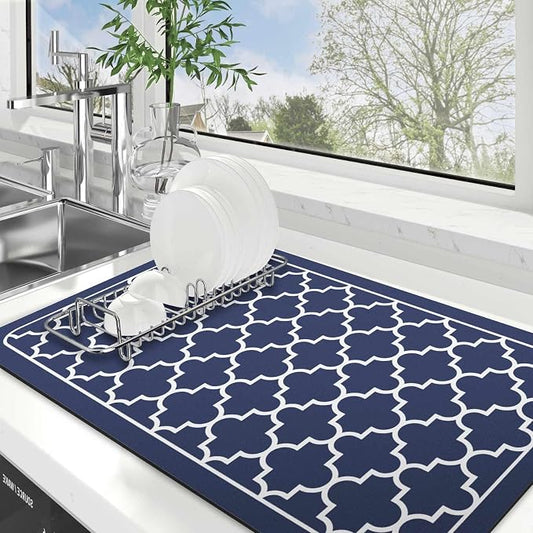 WISELIFE Dish Drying Mat Super Absorbent Drying Mat Large Dish Drying Mats for Kitchen Counter Easy Clean Dish Mat Kitchen Drying Mat18"x 28" Stylish Blue