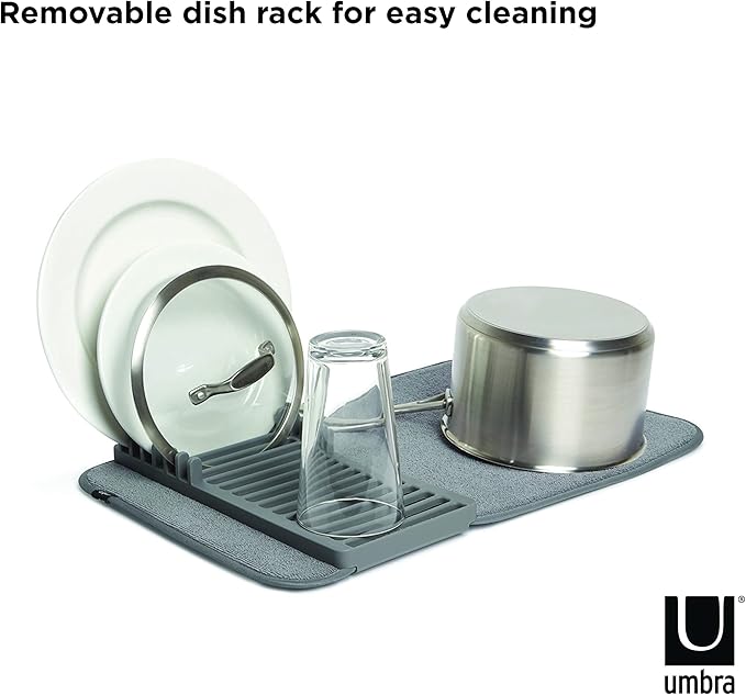 Umbra Udry Dish Rack and Microfiber Drying Mat – Space-Saving Design Folds Up for Easy Storage, Mini Rack, Gray
