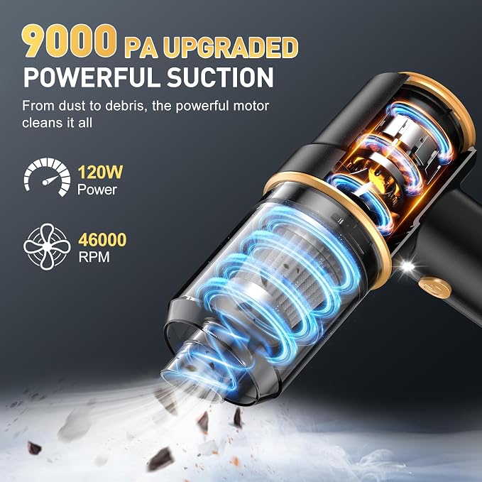 Handheld Car Vacuum Cleaner, 9000PA Hand Held Vacuum Cleaner & Air Duster | 120W High Power Portable Cordless, Rechargeable, Multi-Nozzles & LED Light, For Home, Car, Office