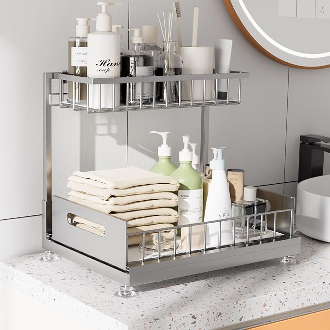 Saydear 2-Pack L-Shaped Under Sink Organizer, 2-Tier Pull-out Cabinet Rack | Grey Height-Adjustable Steel Rack, Sliding Grid Drawers with PP Liners, Holds 100 Lbs, Suction Base, Ideal Kitchen Storage