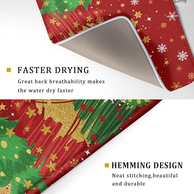 Christmas Dish Drying Mat for Kitchen Counter 18 x 24 Inch Xmas Snowflake Dish Drainer Mat Absorbent Microfiber Red Dish Rack Pad for Holiday Winter Coffee Dining Bar Decor