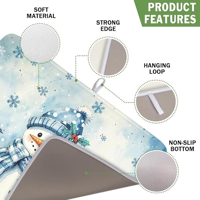 Winter Snowman Dish Drying Mat for Kitchen Counter 16x18 Inch | Blue Christmas Snowflake Snow Scene Dish Drainer Mat Rustic Seasonal Holiday Absorbent Washable Drying Pad