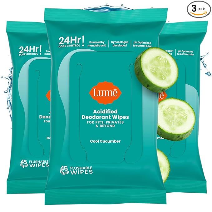 Lume Acidified Deodorant Wipes - 24 Hour Odor Control - Aluminum Free, Baking Soda Free, Skin Loving - 45 Count (Pack of 3) (Cool Cucumber)