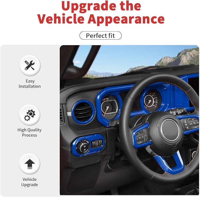 21PCS Full Set Interior Trim Kit for 2024-2026+ Jeep Wrangler JL JLU & Jeep Gladiator JT, Dashboard Side Outlet Door Handle Bowl Headlight Switch Roof Reading Light Cover (Blue)