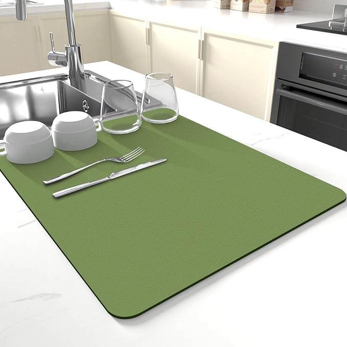Dish Drying Mat for Kitchen Counter,Drying Mat for Dish Rack,Absorbent Hide Stain Rubber Mat,Coffee Mat, Kitchen Counter Mat (Green, 12"x19")