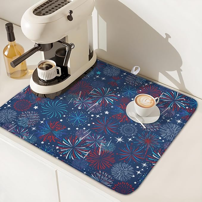 4th of July Patriotic Dish Drying Mat for Kitchen Counter 16 x 18 Inch Independence Day Dish Drainer Mat Absorbent Microfiber Firework Dish Rack Pad for Coffee Dining Bar Decor