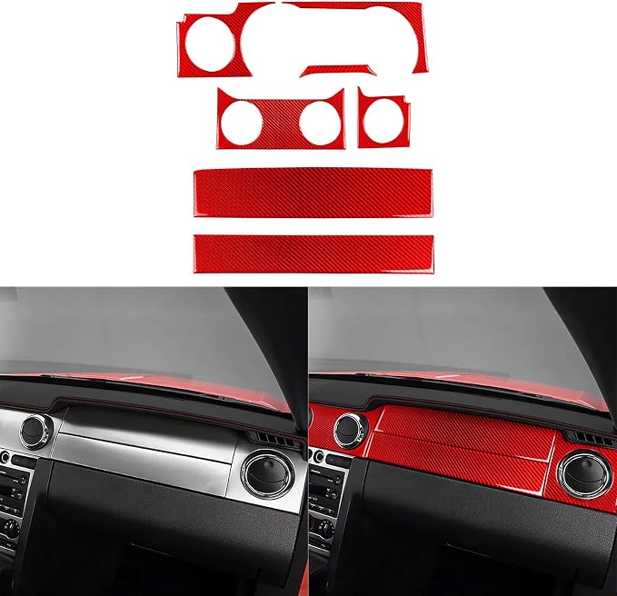 Red Real Carbon Fiber Trim for Ford Mustang Accessories | for GT Shelby 2005 2006 2007 2008 2009 Instrument Central Console Dashboard Panel Kit Interior Thick Overlay Decal 7PCs