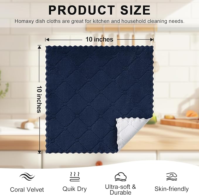 Homaxy 12 Pack Kitchen Cloths Dish Towels (10" x 10", Navy Blue & White), Super Soft and Absorbent Dish Cloths, Coral Velvet Microfiber Cleaning Cloth, Nonstick Oil Fast Dry Dishcloths