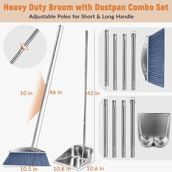 VOOWO Broom with Dustpan Combo Set, 46" Stainless Steel Broom and Dustpan Set for Home, Heavy Duty Dust Pan with Long Handle, Broom for Sweeping Indoor and Outdoor, Kitchen Broom and Dust Pan (Grey)