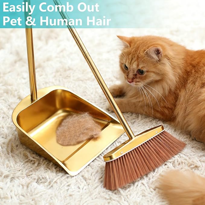 Gold Broom and Dustpan Set, Minimalist Upright Sweeper with Long Handle, Heavy Duty Stainless Steel Metal Dust Pan Combo for Home, Kitchen, Office and Indoor Outdoor Use (Gold Basic)