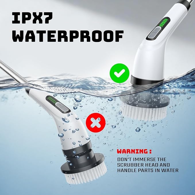 Highyes Electric Spin Scrubber for Bathroom | IPX7 Waterproof Shower Scrubber with Extendable Long Handle，Bathroom Cleaning Scrubber with 7 Reusable Brush Heads