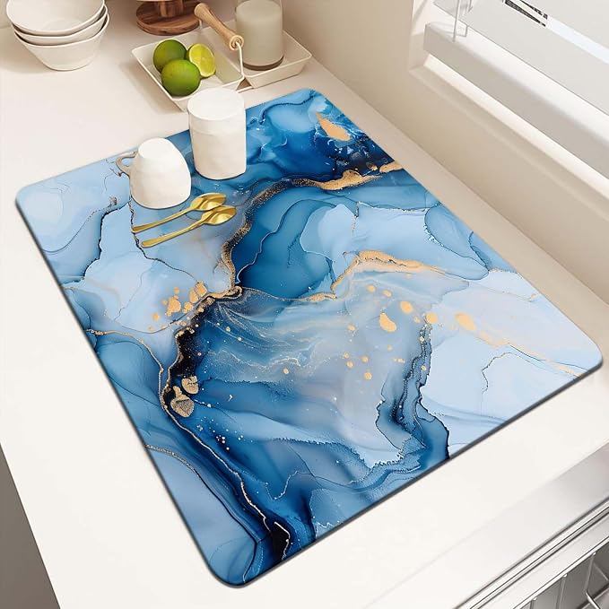 MCALK Marble Blue Dish Drying Mat for Kitchen Counter, Luxurious Marble Texture Dish Drying Pad with Anti-Slip Rubber Base, Absorbent Kitchen Sink Mat with Modern Art Decor (1 pc 18" x 16")