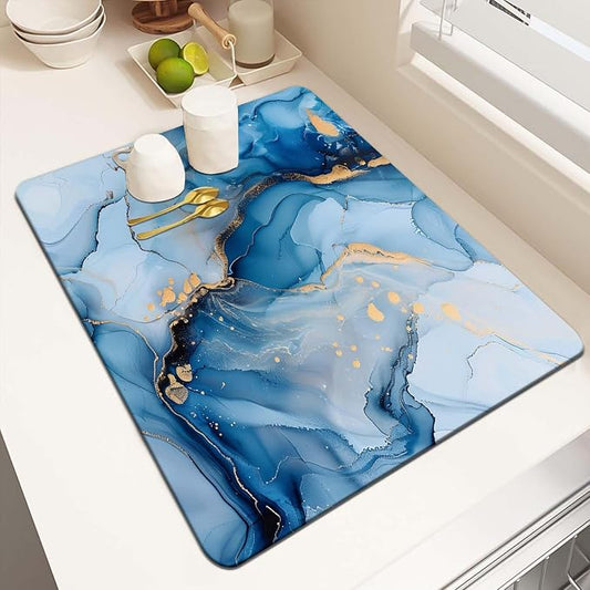 MCALK Marble Blue Dish Drying Mat for Kitchen Counter, Luxurious Marble Texture Dish Drying Pad with Anti-Slip Rubber Base, Absorbent Kitchen Sink Mat with Modern Art Decor (1 pc 18" x 16")