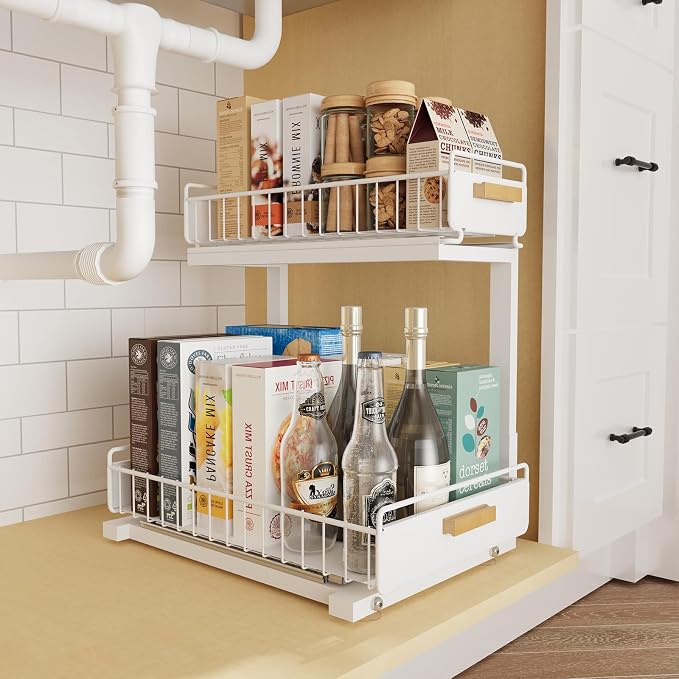 Under Sink Organizer 1 Pack Pull Out Cabinet Organizer with Ball Bearing Sliding Drawer 2 Tier Adjustable Storage Rack Heavy Duty for Kitchen Bathroom White