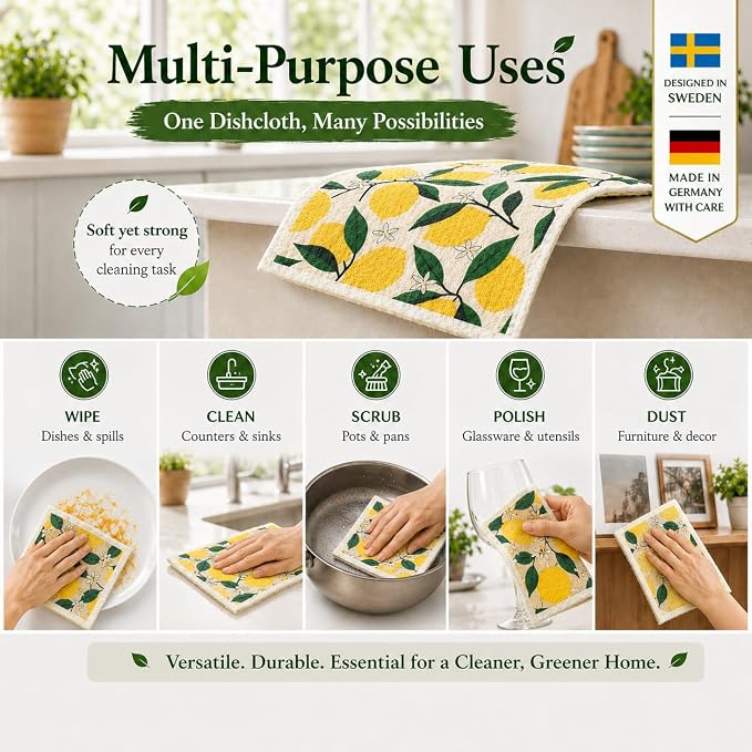 10 PCS Fruits Print Swedish Dishcloths for Kitchen 100% Biodegradable, Reusable Cellulose Sponge Cloths Ultra Absorbent, Eco Friendly Cleaning Towels Dishcloths for Washing Dishes & General Cleaning